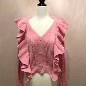 Pink ruffle button up pink cardigan medium